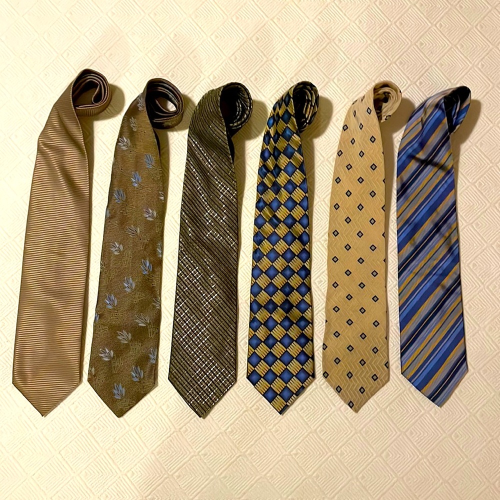 MULTI LABELED, MULTI COLORED TIES. 6 IN TOTAL